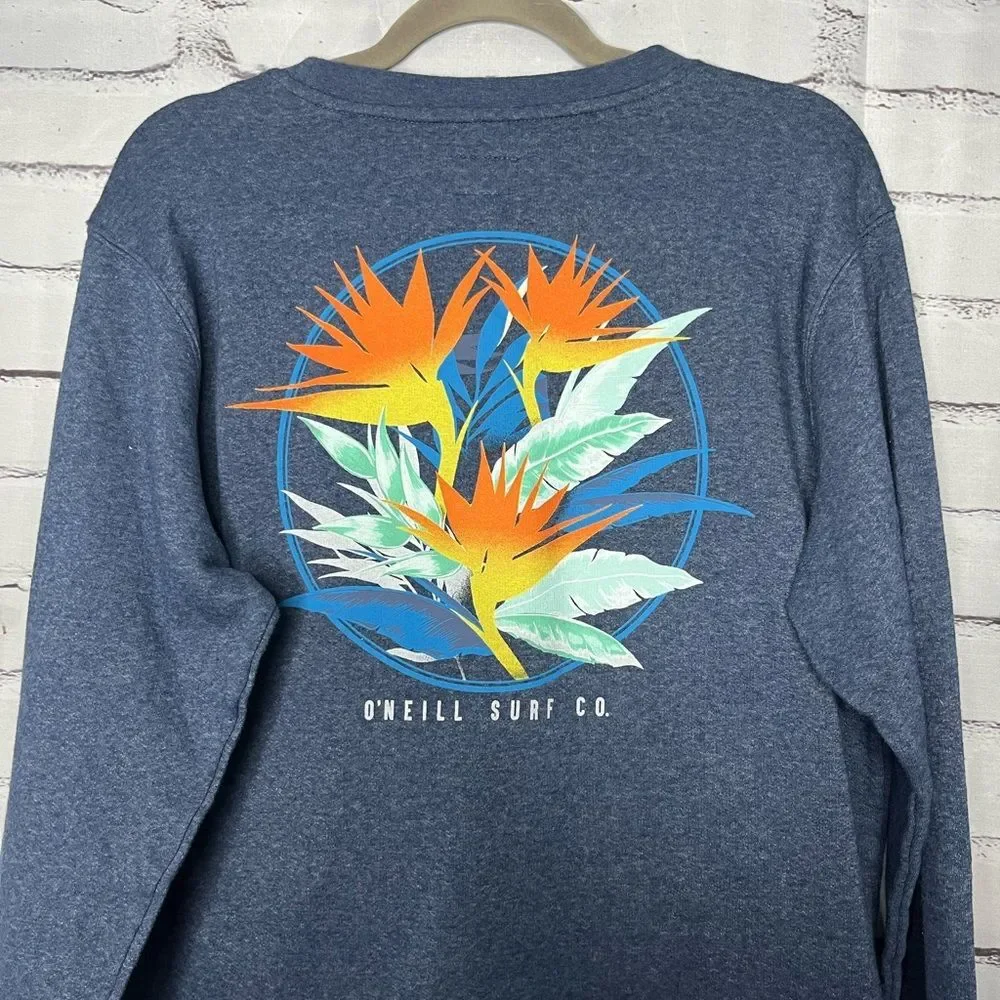 O'Neill Blue Crewneck Graphic Surf Sweater with Ribbed Cuffs Beach SZ L Unisex
